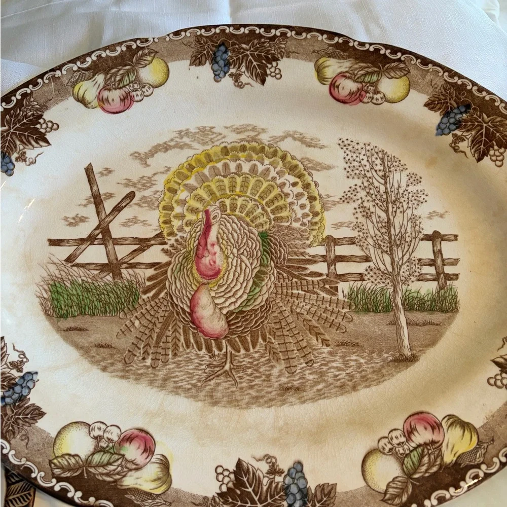 Vintage King Tom Turkey Platter & Covered Gravy Boat Ironstone Thanksgiving Set